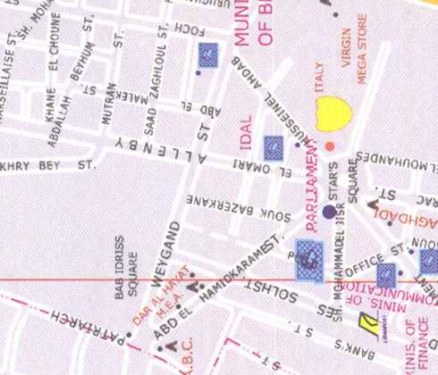 Maps dar el Hayat, weygand, bab idriss square, Husseinel Ahdab, Saad Zaghloul, Foch, Virgin mega store
