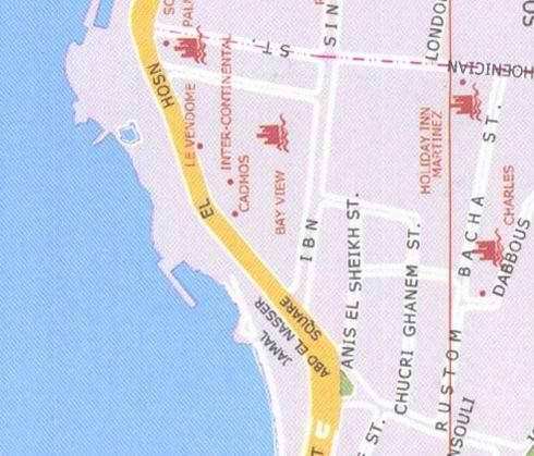 Maps of Beirut Le vendome cadmos, bay view hotels, Holiday inn martinez, jamal abd el Nasser square, Chucri Ghanem, Anis el Sheikh, Rustom Bacha