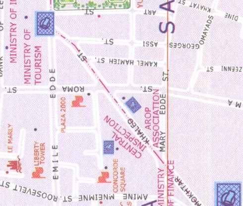 Map, Ministry of Tourism, central inspection, arop association, liberty tower, le marly, concorde square, plaza 2000