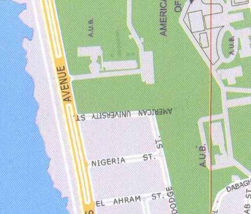 Map of Beirut, American University of Beirut, Nigeria street, El Ahram street, AUB