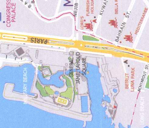 Maps of Beirut, Congress palace, General Jamil Lahoud Square, Luna Park, Lord's, Bahrain street, Paris avenue, Military Beach, Long Beach