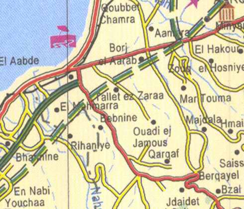 Maps of Lebanon, Location and address, borj el aarab, bebnine, en nabi youchaa, jdaidet, bzal, berqayel, mar touma, majdala, qarqaf