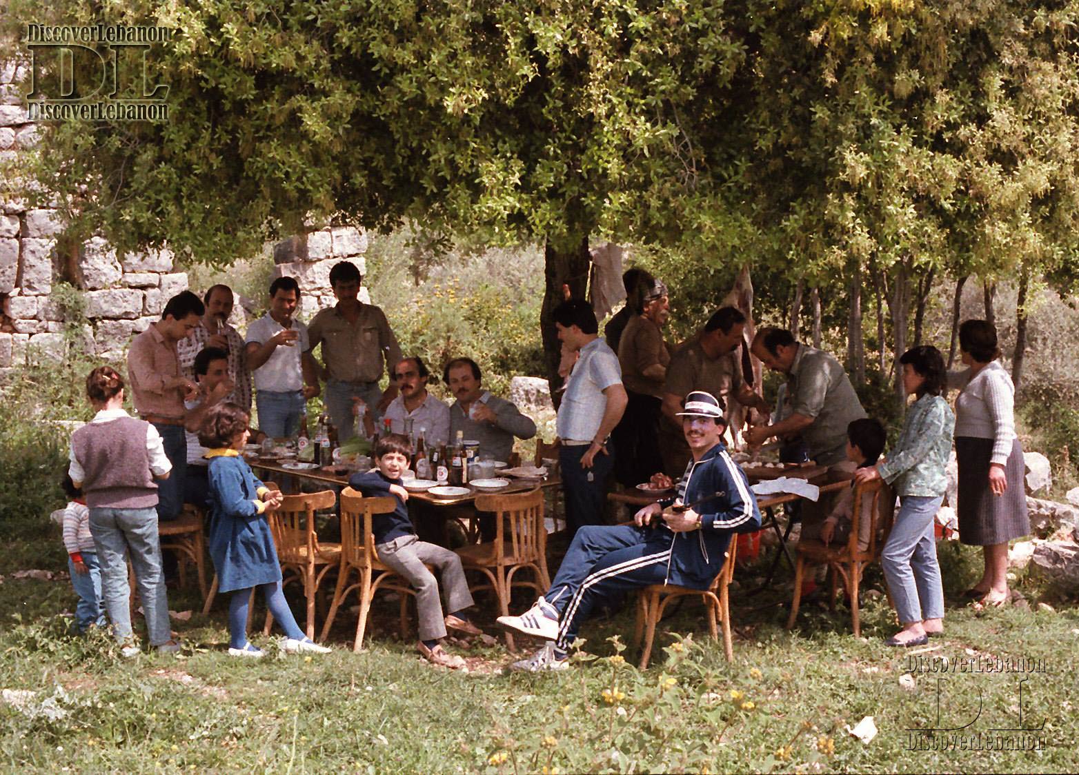 Lebanese villagers, food tabouli arak and trees