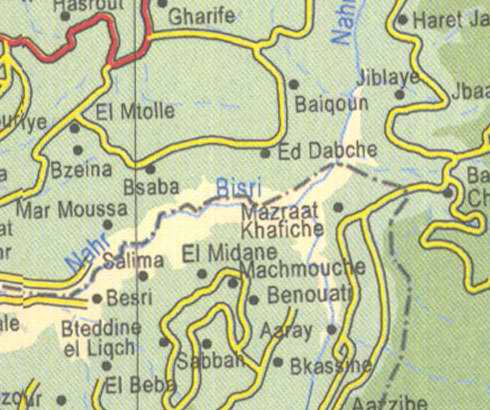 Maps of Lebanon, Location and address, nahr bisri, el mtolle, bzeina, bsaba, el midane, aaray, bkassine