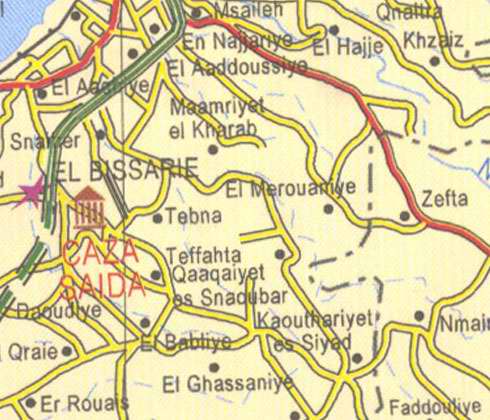 Maps of Lebanon, Location and address,  el bissarie, tebna, zefta, saida, el hajje, el ghassaniye, qraie, msaileh